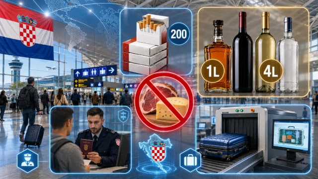 Carinska pravila na letališčih na Hrvaškem (2026): prepovedi alkohola, cigaret in hrane