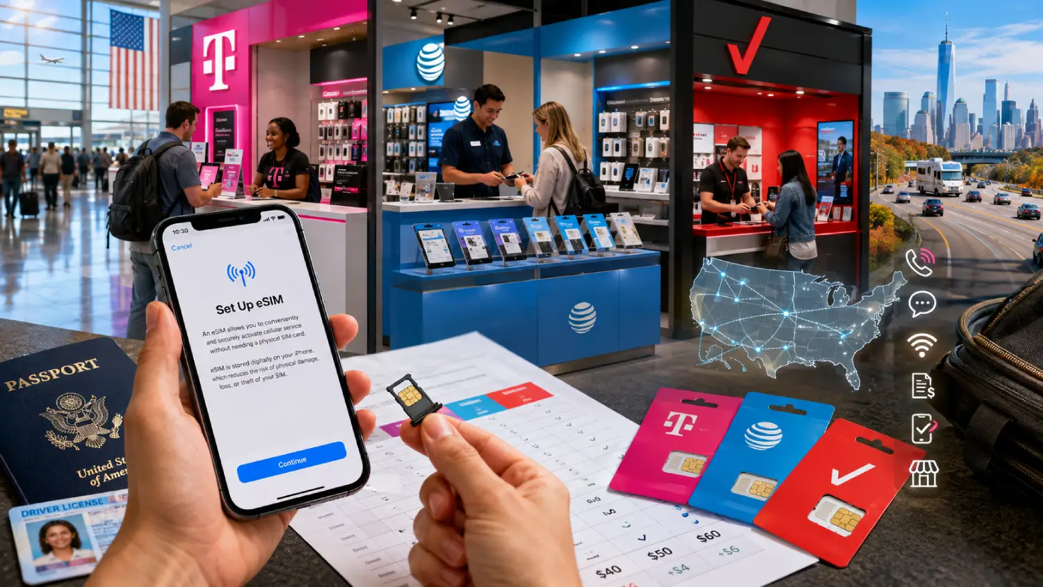 Chip SIM dos EUA para turistas (2026): planos pré-pagos da T-Mobile, AT&T e Verizon