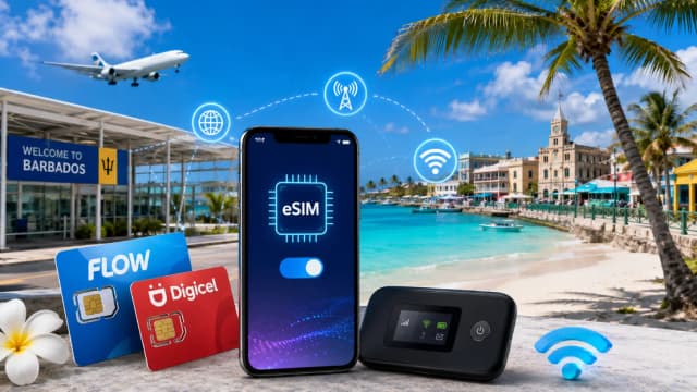 Como obter internet em Barbados (2026): eSIM, cartões SIM locais, Wi‑Fi