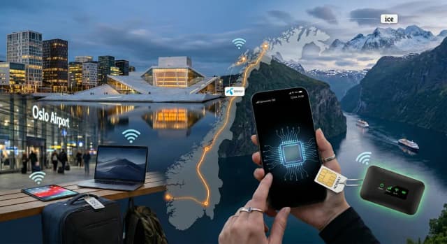 Hvordan man får internet i Norge (2026): Lufthavn SIM, lokal turist SIM, eSIM, Pocket WiFi og gratis WiFi
