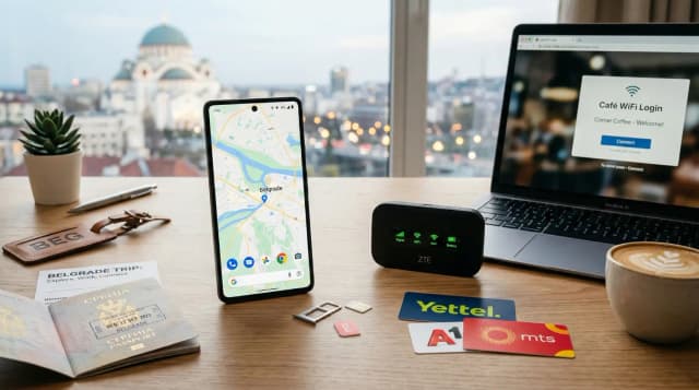 Kako pridobiti internet v Srbiji (2026): SIM kartice na letališču, lokalne turistične SIM kartice, eSIM, prenosni WiFi in brezplačni WiFi